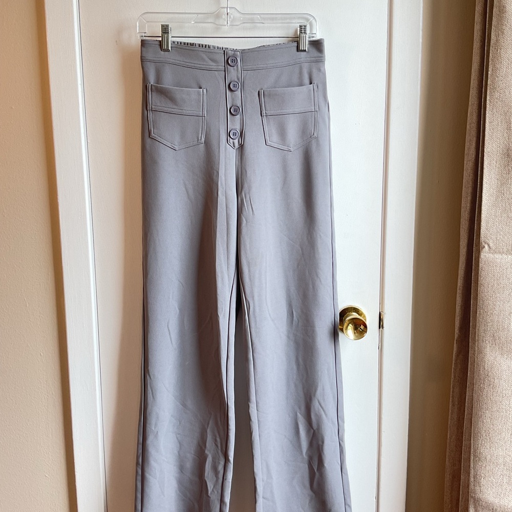 Gray High-Waisted Button-Up Pants